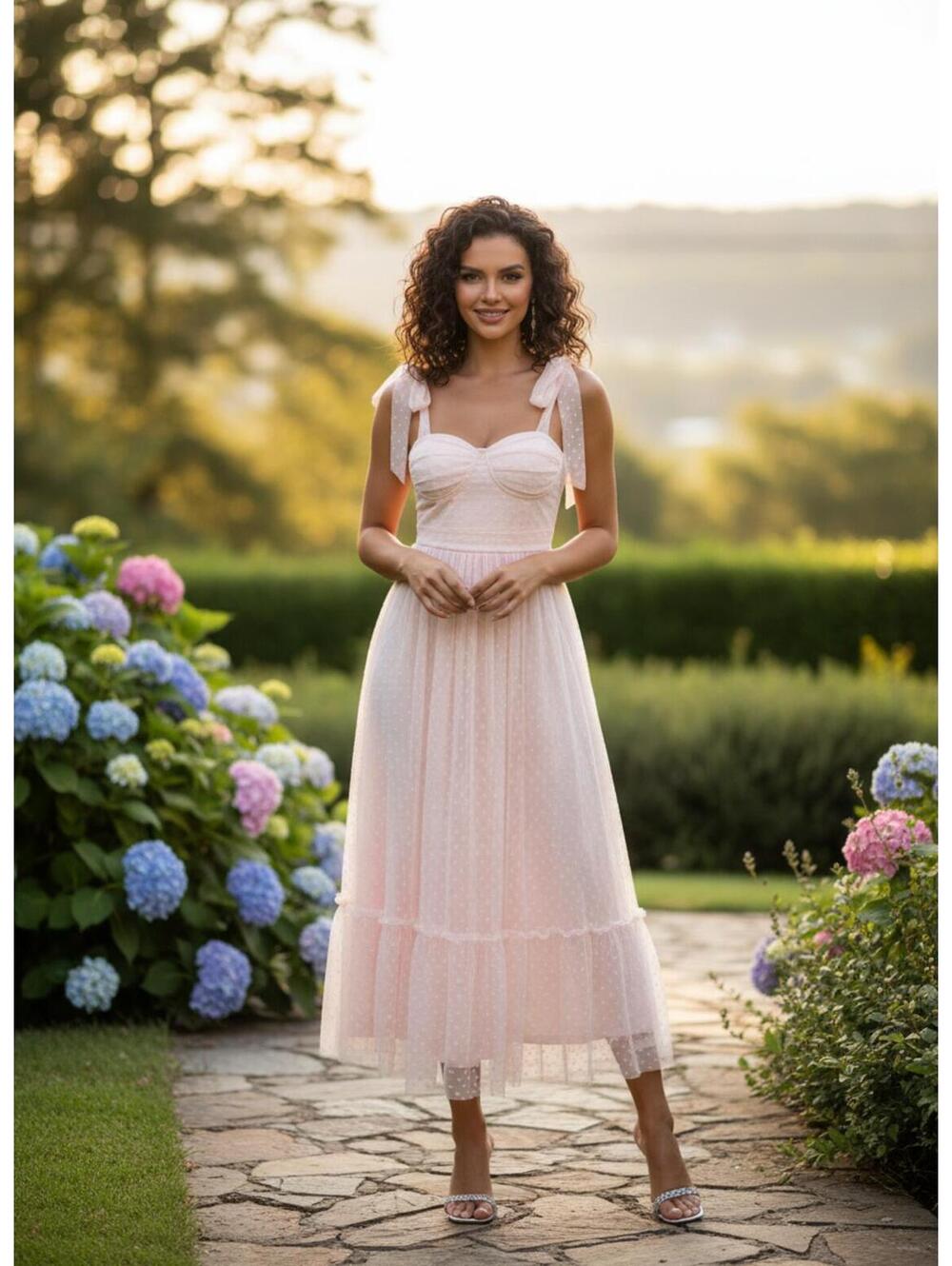 Elegant Light Pink Midi Dress with Bow Shoulder Straps XL